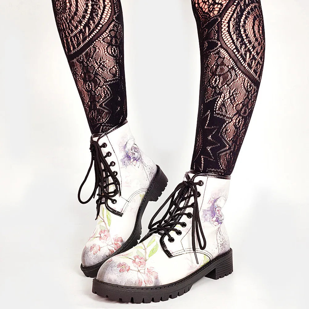 Josie Floral Skull Lace-Up Chunky Ankle Boots