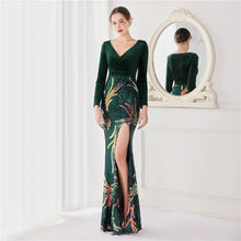 Load image into Gallery viewer, Lexie Zia Velour Sequin Mermaid Slit Maxi Dress
