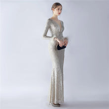 Load image into Gallery viewer, Bella Skylar Sequin Feather Long Sleeve Slit Maxi Dress
