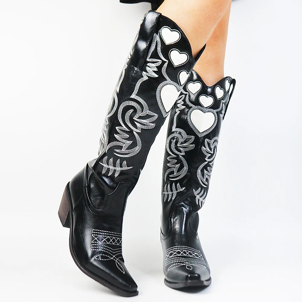 Misty Love Heart Pointed Toe Knee High Western Boots