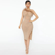 Load image into Gallery viewer, Marina Diamond Pearl Feather One Shoulder Slit Midi Dress
