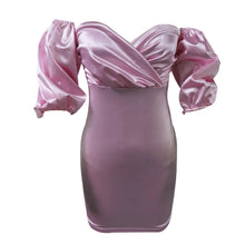 Load image into Gallery viewer, Savanna Satin Off Shoulder Lantern Sleeve Bodycon Mini Dress
