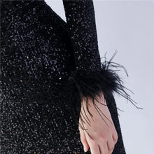 Load image into Gallery viewer, Bella Skylar Sequin Feather Long Sleeve Slit Maxi Dress
