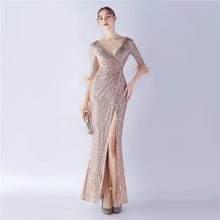 Load image into Gallery viewer, Samira Gina Sequin Feather Mermaid Slit Maxi Dress
