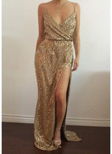 Load image into Gallery viewer, Malaya Gold Sequin Slit Maxi Dress
