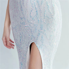 Load image into Gallery viewer, Giavanna Beaded Feather Mermaid Slit Maxi Dress
