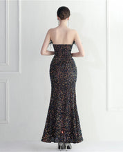 Load image into Gallery viewer, Aubrey Autumn Sequin Feather Strapless Slit Maxi Dress
