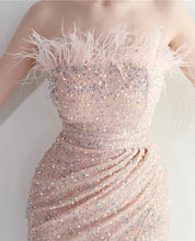 Load image into Gallery viewer, Aubrey Autumn Sequin Feather Strapless Slit Maxi Dress
