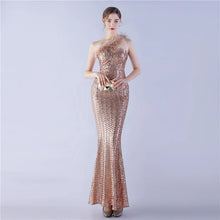 Load image into Gallery viewer, Delilah Claire Sequin Feather Fishtail Maxi Dress
