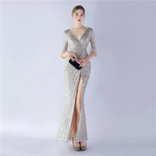 Load image into Gallery viewer, Samira Gina Sequin Feather Mermaid Slit Maxi Dress
